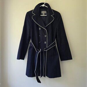 ANN TAYLOR Trench Coat | Large | Navy Blue, Double Breasted, Belt Lined Trim